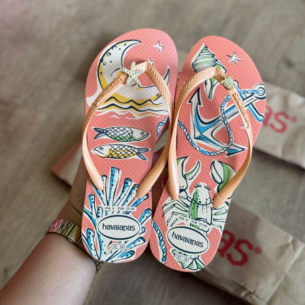 Chinelo Havaianas Slim Super Fresh Estampado - Salmão com Pins Marinhos