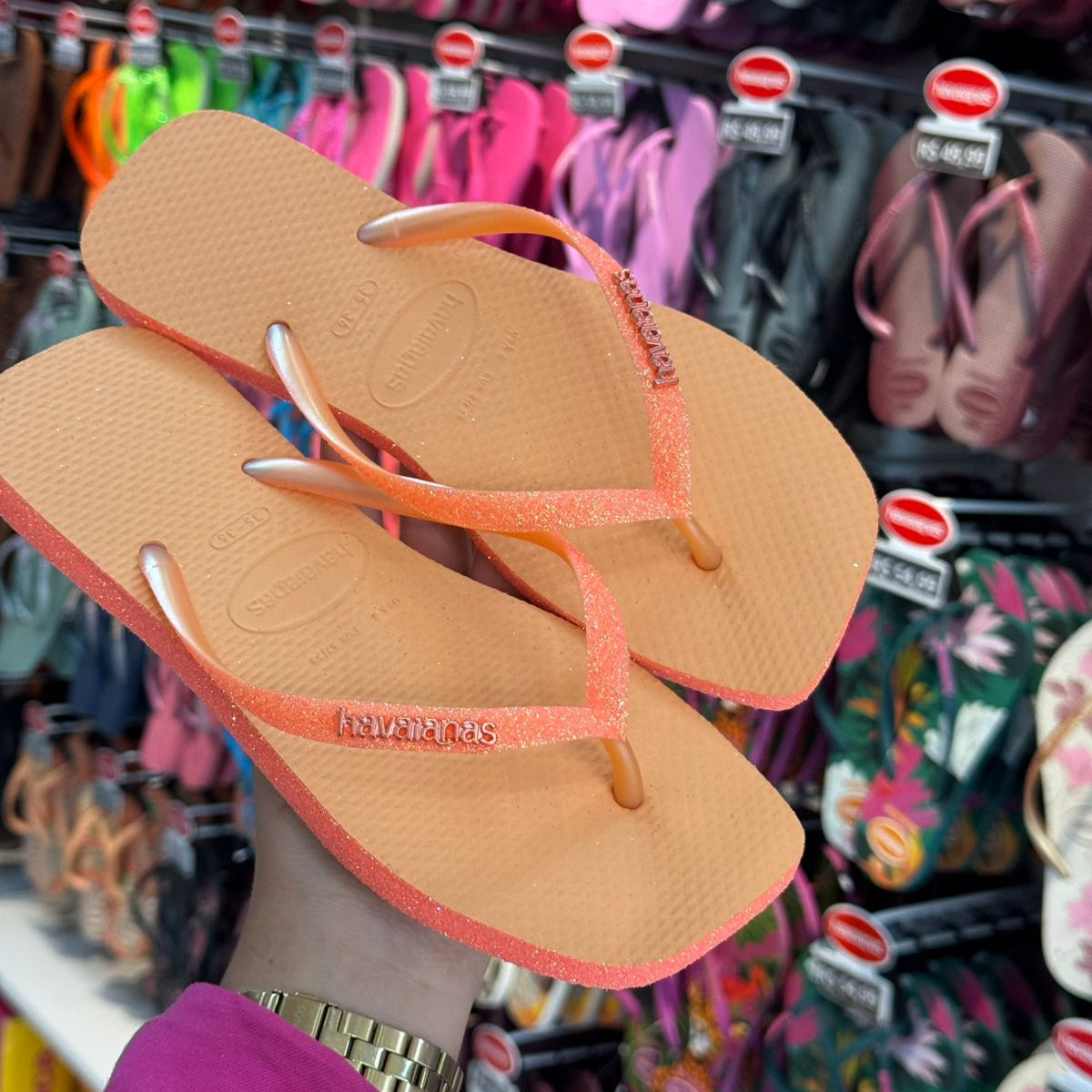 Chinelo Havaianas Slim Square Sparkle Feminino - Laranja Peach com Glitter